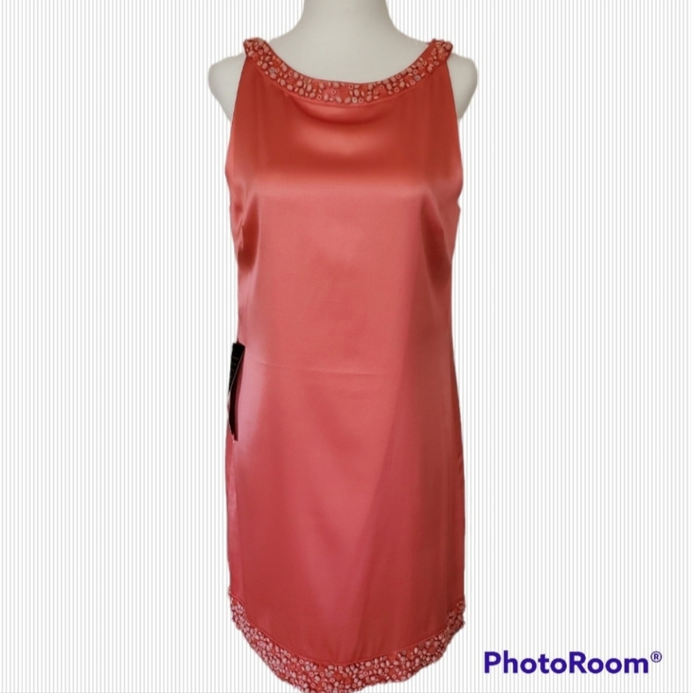 Bebe NWT Women's Coral Satin Beaded Slip Dress sz Small